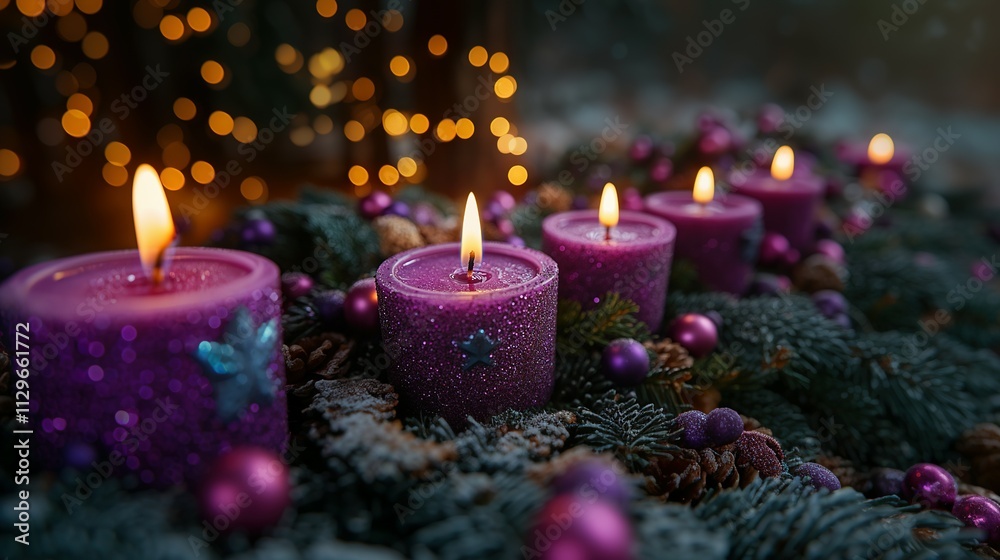 Purple Advent Candles Glow Brightly Amidst Festive Decor Purple Advent Candles Glow Brightly Amidst Festive Decor