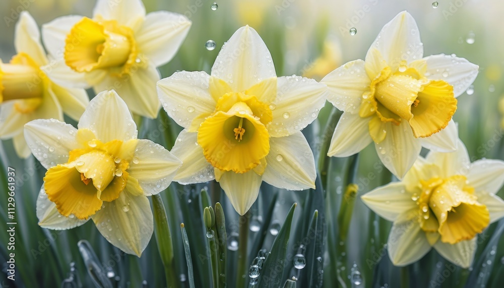 Fototapeta premium Blossoming daffodils dance beneath soft spring rain in a lush garden, capturing the essence of renewal and beauty in vibrant yellow hues