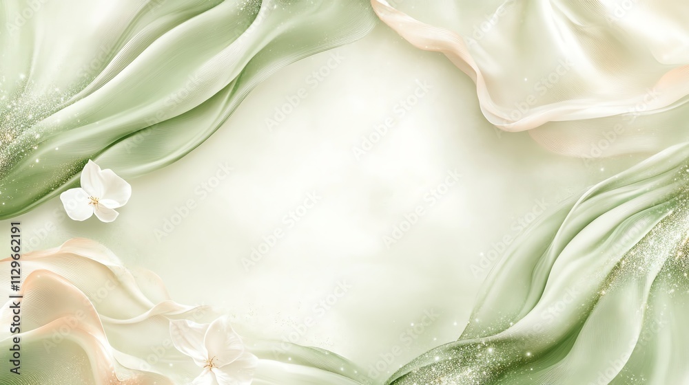 Elegant background with flowing green and peach fabric, adorned with delicate white flowers, creating a serene and sophisticated ambiance.
