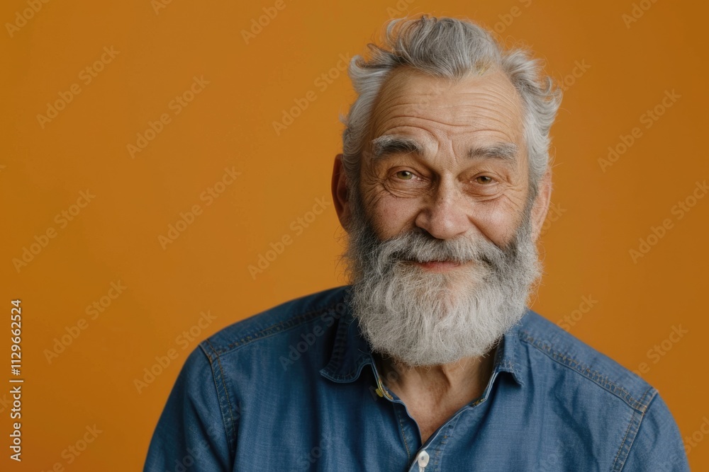 Elderly man in blue shirt smiling on orange background. Elderly man in blue shirt smiling on orange background.