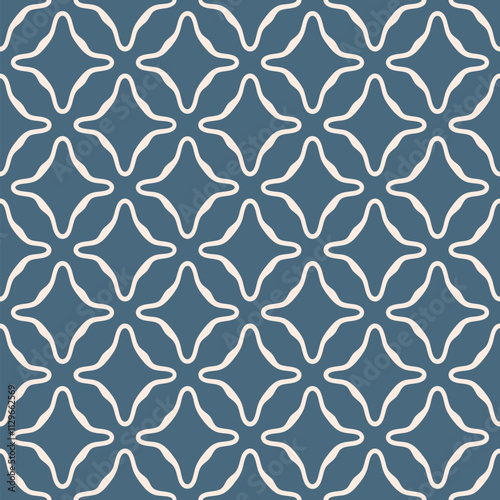 Simple abstract seamless pattern. Vector geometric texture with repeat elements, curved shapes, smooth flower silhouettes, diamonds. Blue and beige minimal background. Geo design for decor, textile