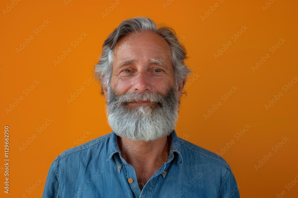 Smiling elderly man in blue shirt on orange background. Smiling elderly man in blue shirt on orange background.