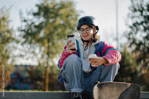 Smiling skater using smartphone and drinking coffee in skatepark photo