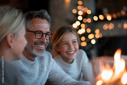 A cheerful family enjoys each other’s company near a beautifully decorated fireplace, capturing the essence of warmth, laughter, and treasured family moments during winter evenings.