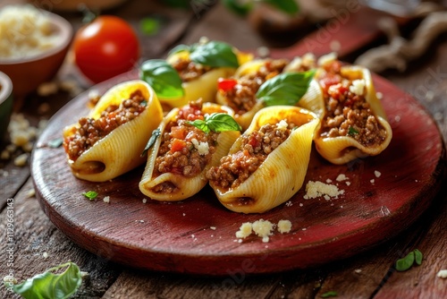 Stuffed pasta shells with Bolognese sauce tomatoes and basil on a rustic table Classic Italian baked dish with Parmesan