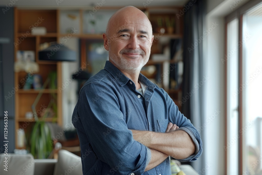 Confident  happy older man posing at home.