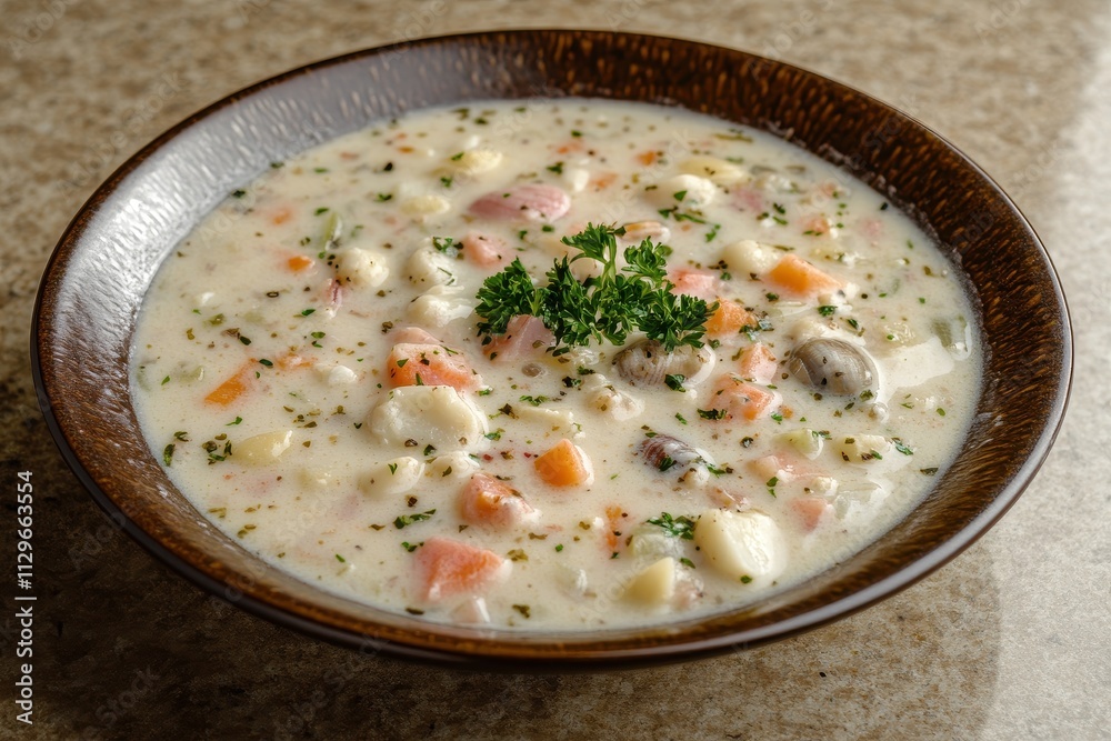 Vertical shot of New England clam chowder against a beige granite backdrop taken from above Vertical shot of New England clam chowder against a beige granite backdrop taken from above