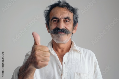 Middle Eastern man with mustache giving thumbs up gesture.