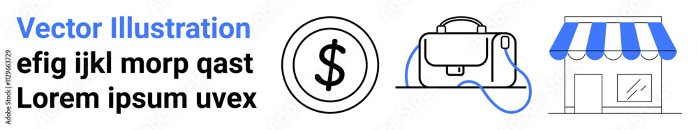Dollar sign, laptop with cord, storefront with blue awning. Ideal for business presentations, e-commerce, marketing, blogs, financial reports, online stores, and educational materials. Landing page Dollar sign, laptop with cord, storefront with blue awning. Ideal for business presentations, e-commerce, marketing, blogs, financial reports, online stores, and educational materials. Landing page