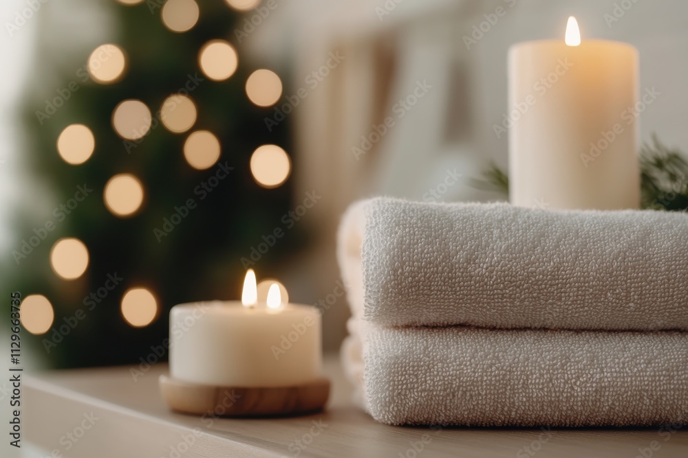 An inviting spa scene featuring soft towels and glowing candles creates a warm and soothing atmosphere, perfect for relaxation and self-pampering experiences.