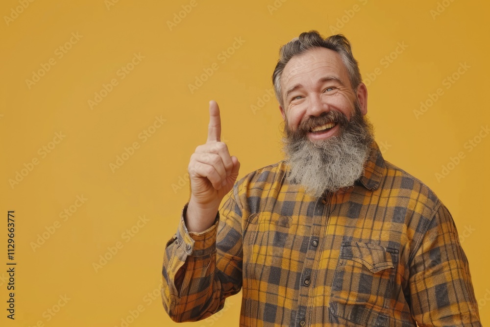 Fototapeta premium Happy middle aged man with beard pointing to side.