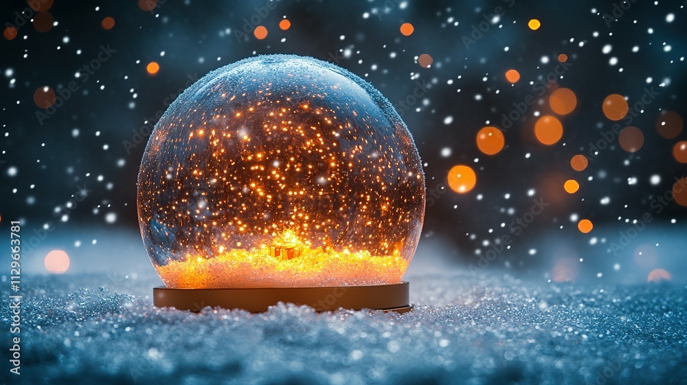 Illuminated Snow Globe Amidst Falling Snow and Lights Illuminated Snow Globe Amidst Falling Snow and Lights