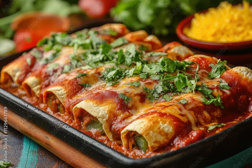 Vibrant table featuring green and red enchiladas with Mexican sauces Vibrant table featuring green and red enchiladas with Mexican sauces