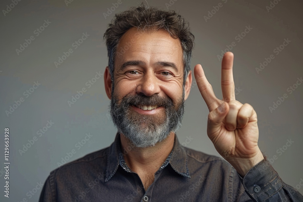 Middle aged man in business shirt smiling showing victory sign. Middle aged man in business shirt smiling showing victory sign.