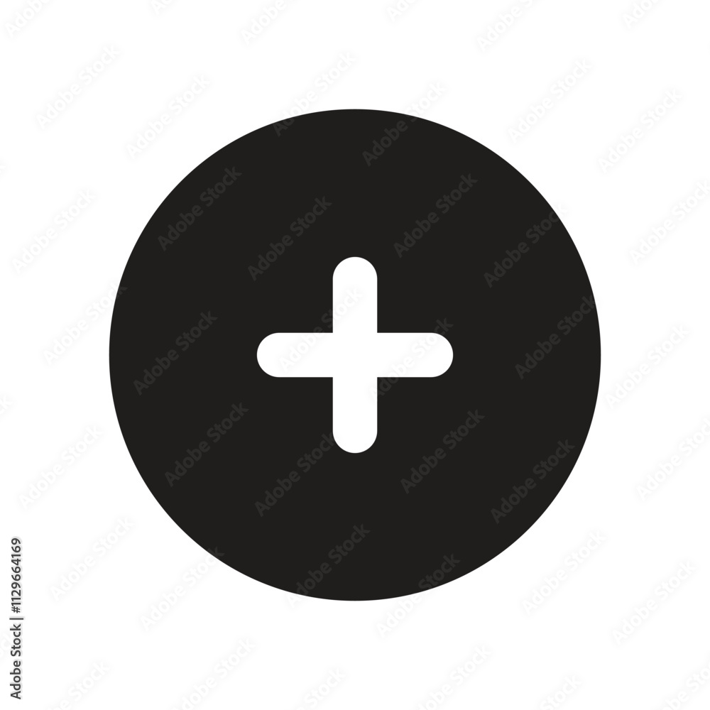 A simple graphic depicting a white circle containing a dark grey plus sign in its center. A simple graphic depicting a white circle containing a dark grey plus sign in its center.