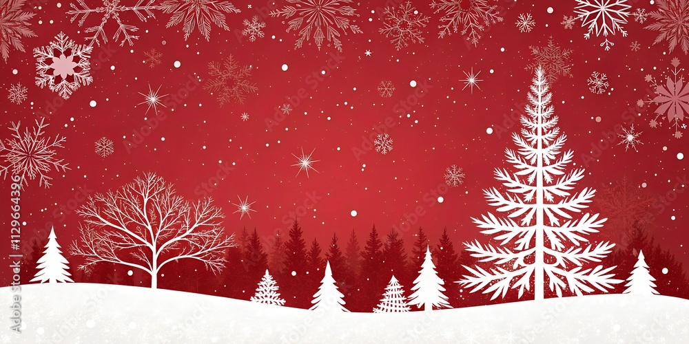 Red Christmas background with white trees, falling snow, and snowflakes. Festive winter design with copy space Red Christmas background with white trees, falling snow, and snowflakes. Festive winter design with copy space