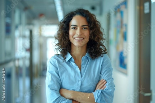 Successful businesswoman in blue shirt smiling in office and corridor. Free Download Successful businesswoman in blue shirt smiling in office and corridor. - GFXLoad