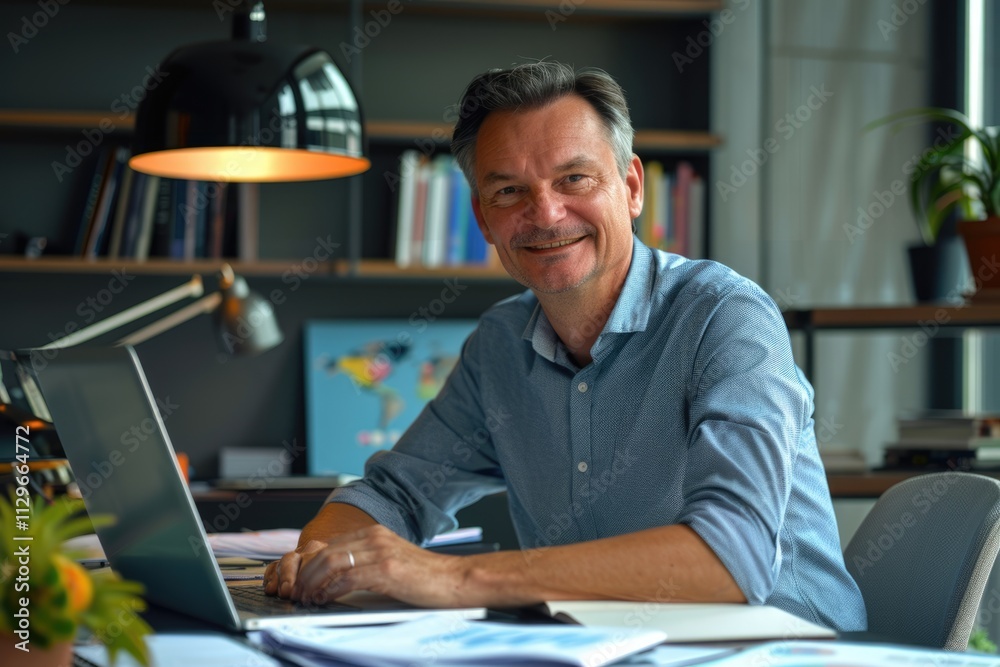 Fototapeta premium Successful financier working in office smiling and using laptop.