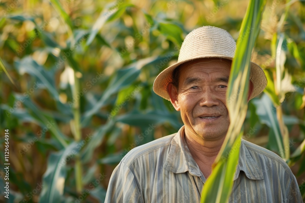 Happy elderly Asian farmer in corn field. Happy elderly Asian farmer in corn field.