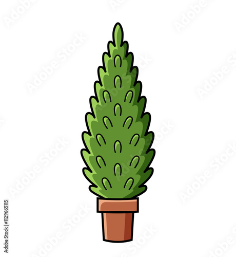 Thuja. Colorfull outline icon of evergreen coniferous plant in a pot. Green cone shaped tree. Isolated vector illustration on white background.