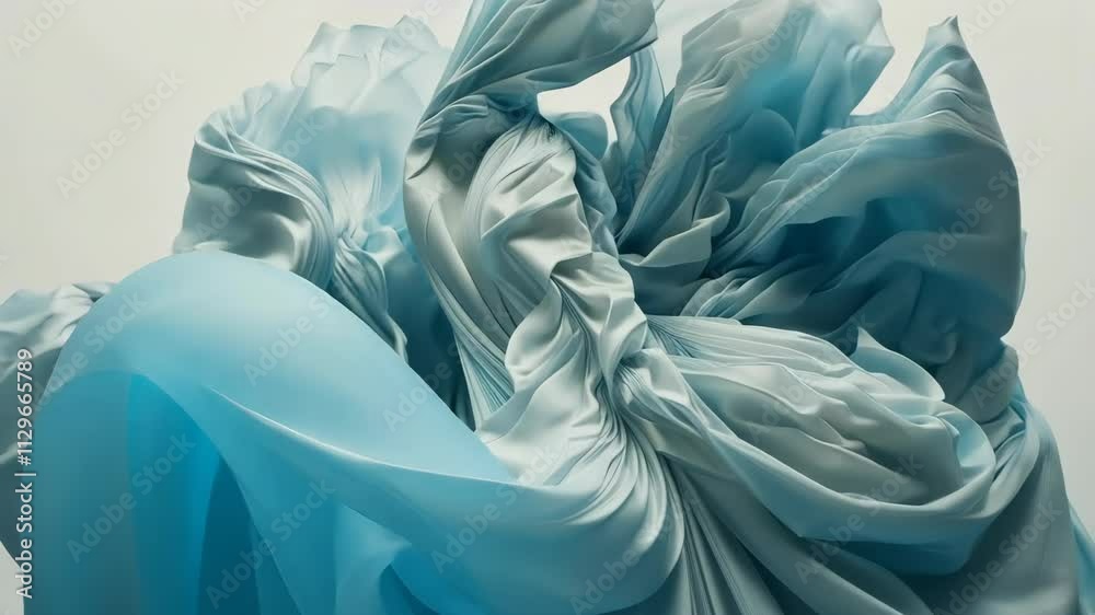 Fluid forms intertwine in soft blue fabric creating an abstract masterpiece in a minimalist setting