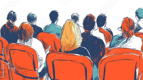 A hand-drawn illustration of an audience sitting in chairs, seen from the side The people have their backs to each other and appear focused on what is being thought or put into writing,


 photo