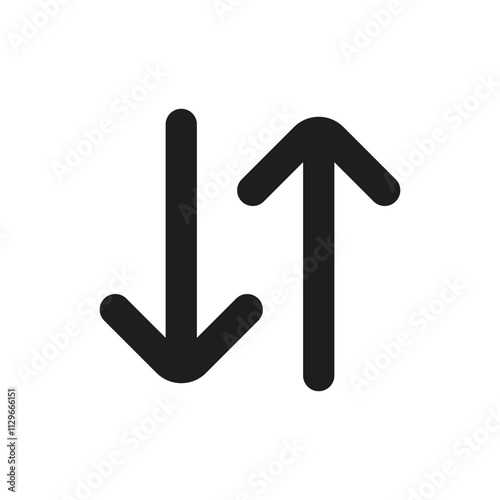 A simple graphic featuring white upward and downward pointing arrows against a gray square background.