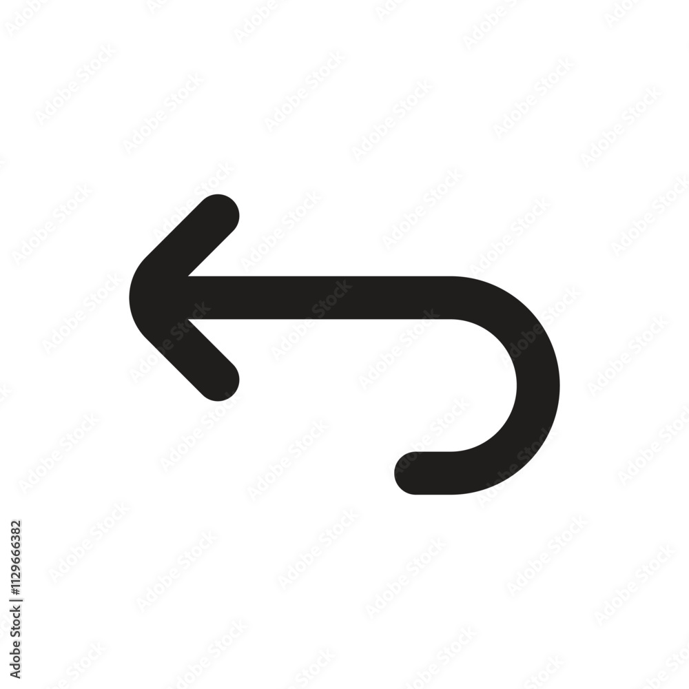 The image shows a simple white curved arrow pointing to the left commonly used as a return or back button in digital interfaces. The image shows a simple white curved arrow pointing to the left commonly used as a return or back button in digital interfaces.