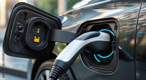 Close up of power supply plugged into an electric car being charged for hybrid	
