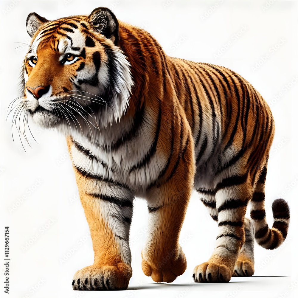 Obraz premium Tiger isolated on a white background, Side view, tiger standing full HD image generated by Ai. full body, realistic, full detail looking at the camera.