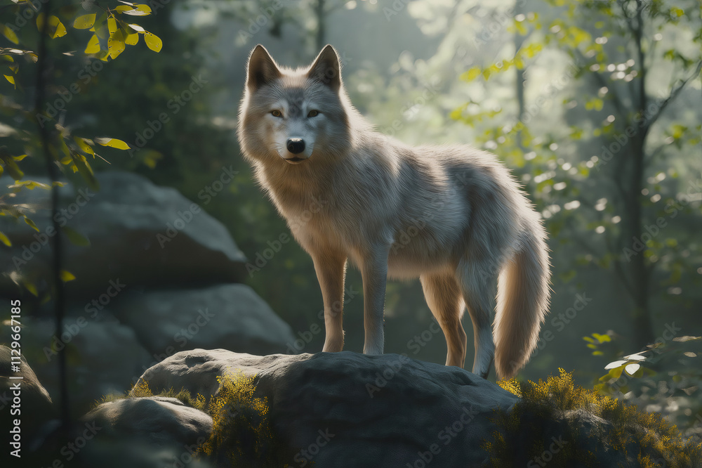 Majestic gray wolf is standing on a rock in a sun dappled forest, its fur gleaming in the soft light Majestic gray wolf is standing on a rock in a sun dappled forest, its fur gleaming in the soft light