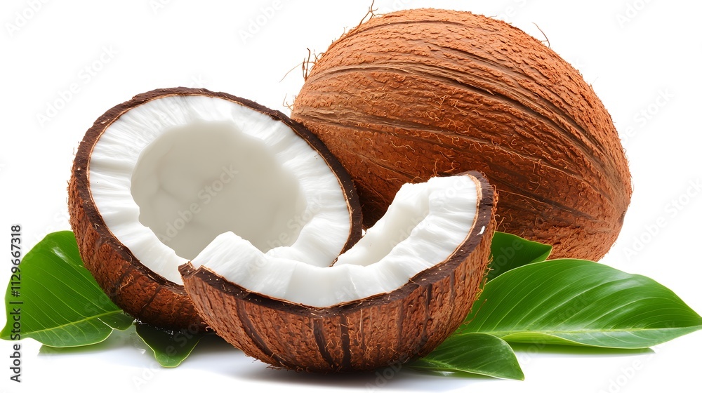Ripe Coconuts Halved Showing White Flesh and Green Leaves Ripe Coconuts Halved Showing White Flesh and Green Leaves