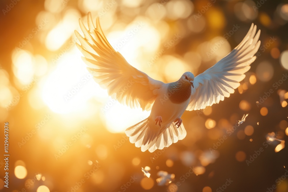 Dove soaring with wings open in front of sun Dove soaring with wings open in front of sun