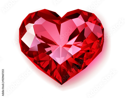 A vivid red gemstone meticulously cut into a heart shape, showcasing brilliant facets and a radiant glow. With soft shadow on white background.
