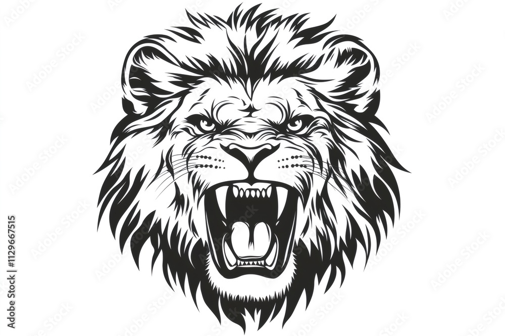 Black and white illustration of a majestic lion roaring fiercely, displaying its power and might Black and white illustration of a majestic lion roaring fiercely, displaying its power and might