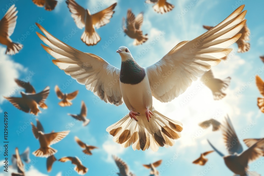 Obraz premium Dove soaring with wings open in the sky high quality photo.