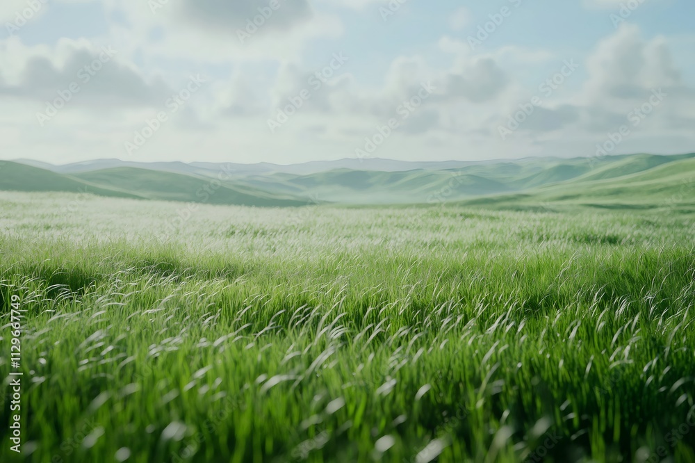 Wind gently blowing through a lush green grass field with rolling hills and a cloudy sky in the background creates a serene and peaceful landscape Wind gently blowing through a lush green grass field with rolling hills and a cloudy sky in the background creates a serene and peaceful landscape