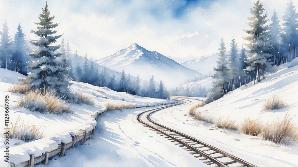 Obraz premium Majestic winter landscape with winding railway tracks surrounded by snow-covered mountains 