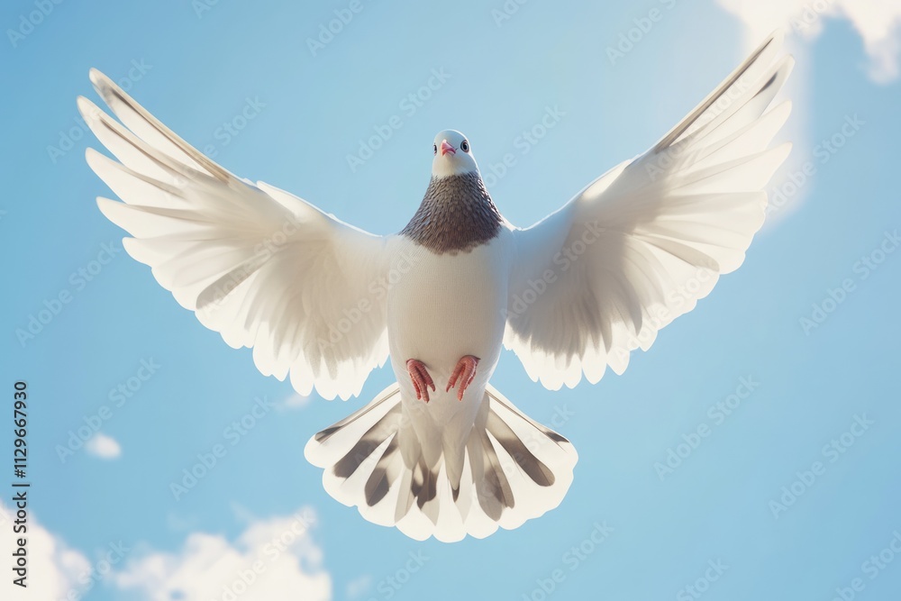 Fototapeta premium Dove soaring with wings open against blue sky