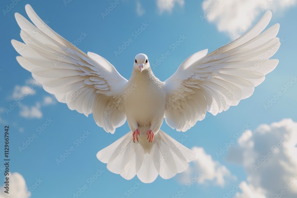 Fototapeta premium Dove soaring with wings open against blue sky