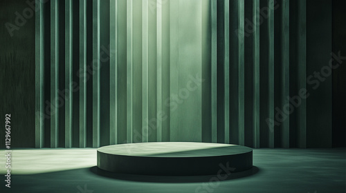 Green Cylindrical Bright Stage, Sunlight Inside Teal Luxury Platform New Studio with Lighting for Branding Marketing of Products in Room Elegant Cylindrical Green Stand for contemporary Promotion