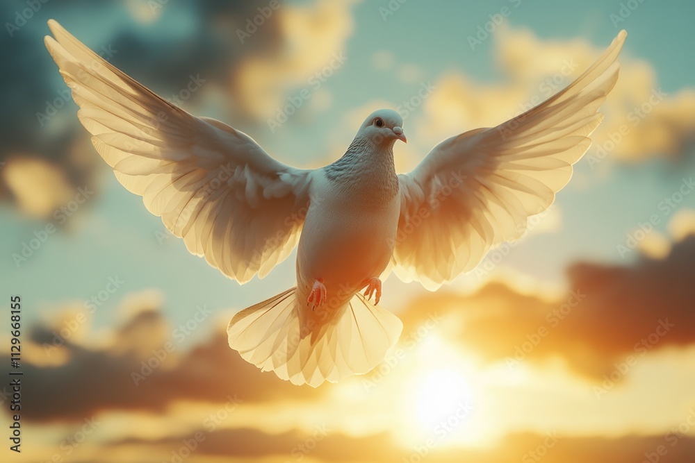 Dove soaring with wings open in front of sun Dove soaring with wings open in front of sun