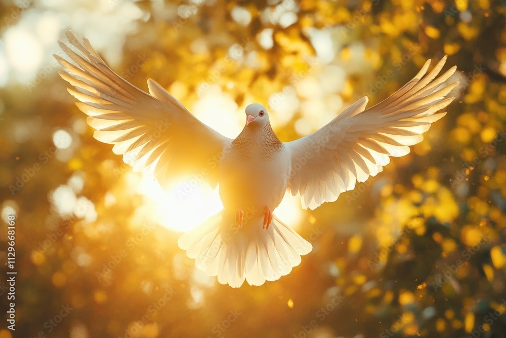 Dove soaring with wings open in front of sun Dove soaring with wings open in front of sun