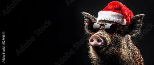 Funny wild boar with Santa hat and sunglasses, Christmas holiday greeting card on a dramatic black backdrop, AI Generated