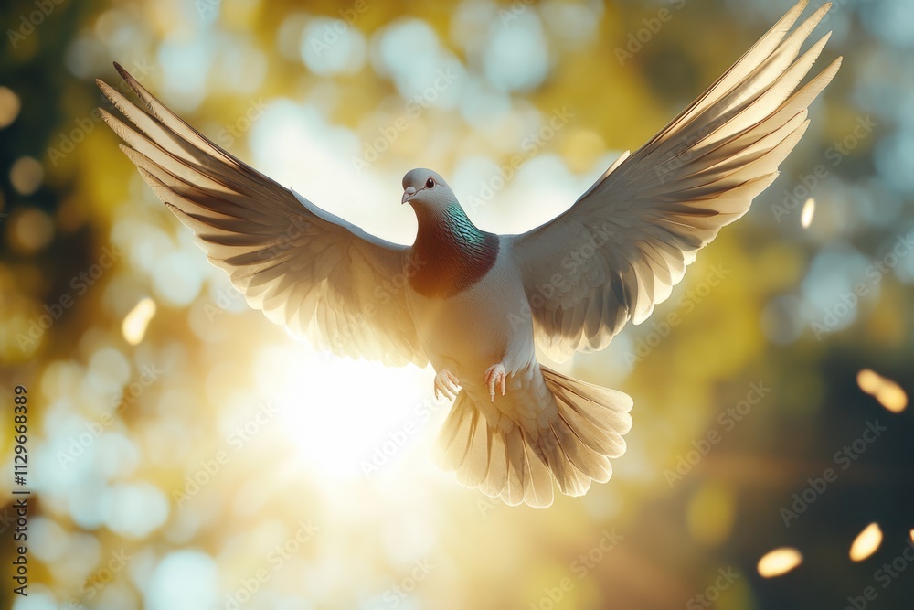 Dove soaring with wings open in front of sun Dove soaring with wings open in front of sun
