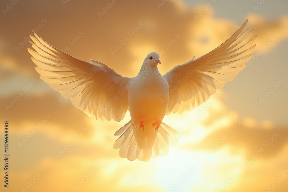 Fototapeta premium Dove soaring with wings open in front of sun