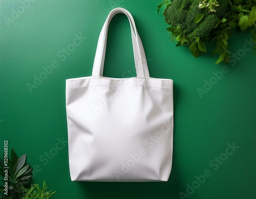 White tote bags mockup on a green background. Generated image photo