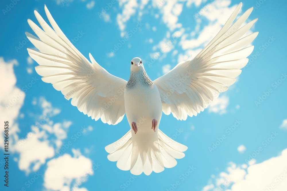 Dove soaring with wings open against blue sky Dove soaring with wings open against blue sky