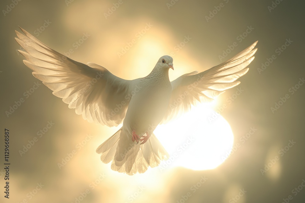 Fototapeta premium Dove soaring with wings open in front of sun
