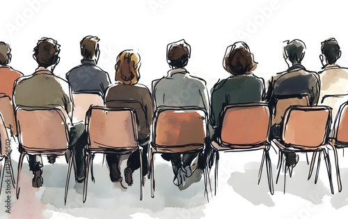 A hand-drawn illustration of an audience sitting in chairs, seen from the side The people have their backs to each other and appear focused on what is being thought or put into writing,


 photo